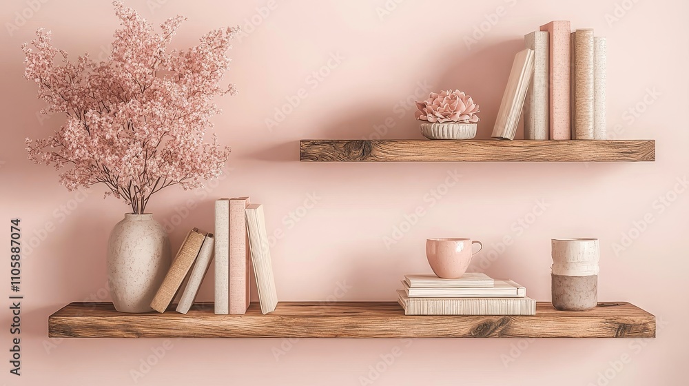 Stylish pink shelves with decor, books, and a floral arrangement create a cozy vibe. Stylish pink shelves with decor, books, and a floral arrangement create a cozy vibe.