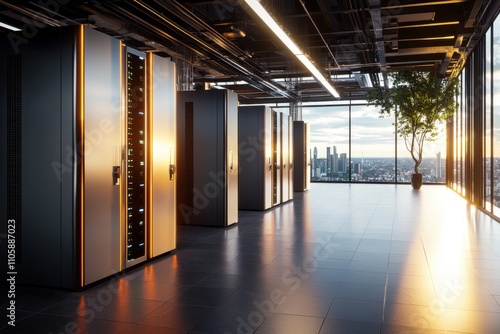 Modern Data Center Interior with Advanced Server Racks and City View