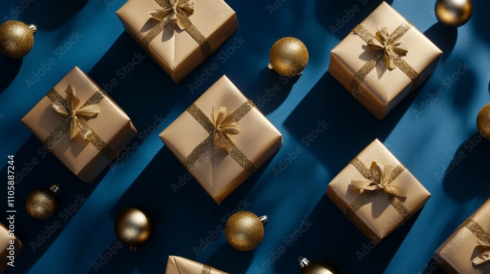 Magical Flat Lay Scene of Golden Christmas Gifts and Ornaments Magical Flat Lay Scene of Golden Christmas Gifts and Ornaments