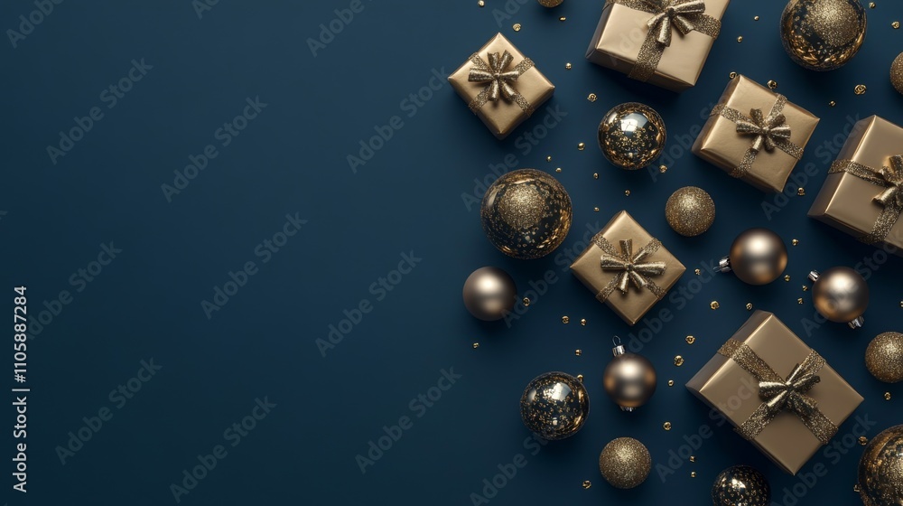 Magical Christmas Flat Lay Scene with Golden Gifts and Ornaments Magical Christmas Flat Lay Scene with Golden Gifts and Ornaments