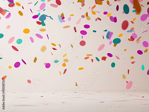 Colorful and Vibrant Confetti Falling Against a Soft Neutral Background Perfect for Celebrations, Parties, Anniversaries, and Festive Occasions in High-Quality Stock Image