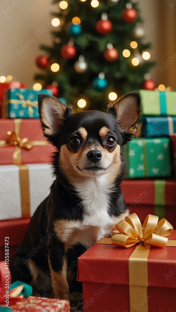 Cute Chihuahua amidst colorful Christmas presents. Cute Chihuahua amidst colorful Christmas presents.