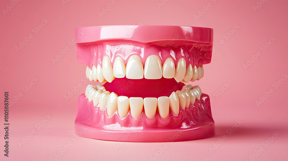 dental implant model showcasing realistic teeth in vibrant pink setting. This closeup highlights intricate details of dental anatomy, perfect for educational purposes dental implant model showcasing realistic teeth in vibrant pink setting. This closeup highlights intricate details of dental anatomy, perfect for educational purposes