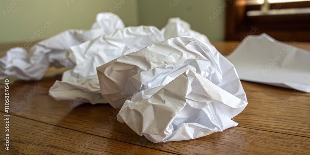 A crumpled mass of white paper rests on a wooden surface, a discarded thought or failed attempt. A crumpled mass of white paper rests on a wooden surface, a discarded thought or failed attempt.