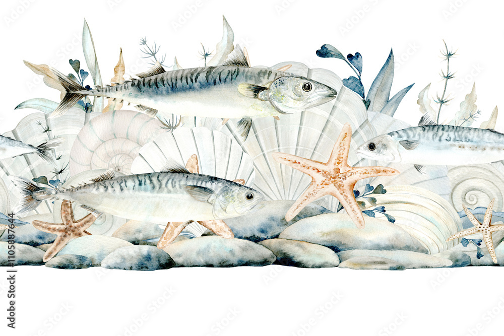 Seamless border of sea shells, pebbles and seaweed watercolor pattern ...