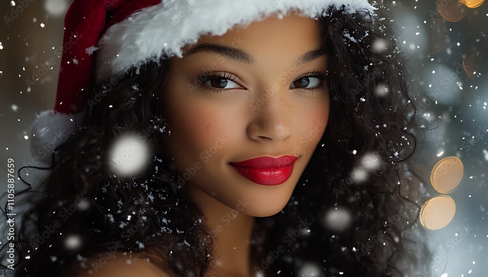 A Beautiful Woman Wearing a Christmas Hat, Snowflakes Falling in the Background, Smiling and Looking at the Camera with Sparkling Eyes A Beautiful Woman Wearing a Christmas Hat, Snowflakes Falling in the Background, Smiling and Looking at the Camera with Sparkling Eyes