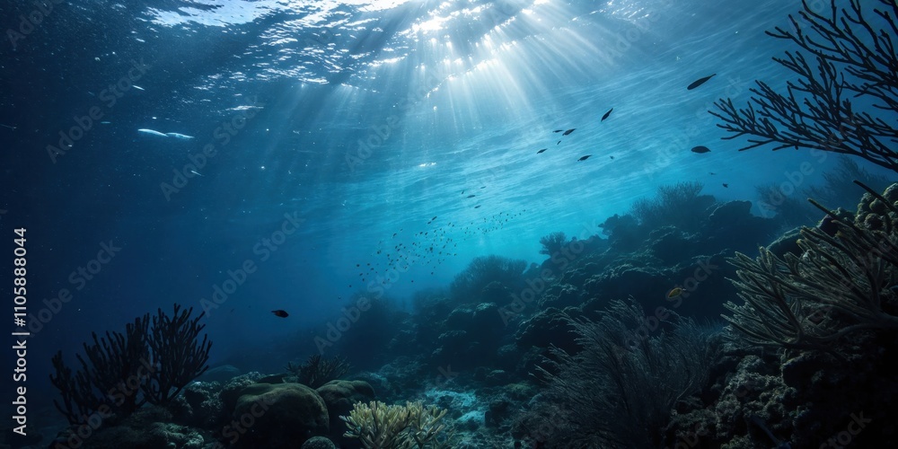 Fototapeta premium Sunbeams Illuminate Vibrant Underwater Coral Reef Ecosystem with Diverse Marine Life