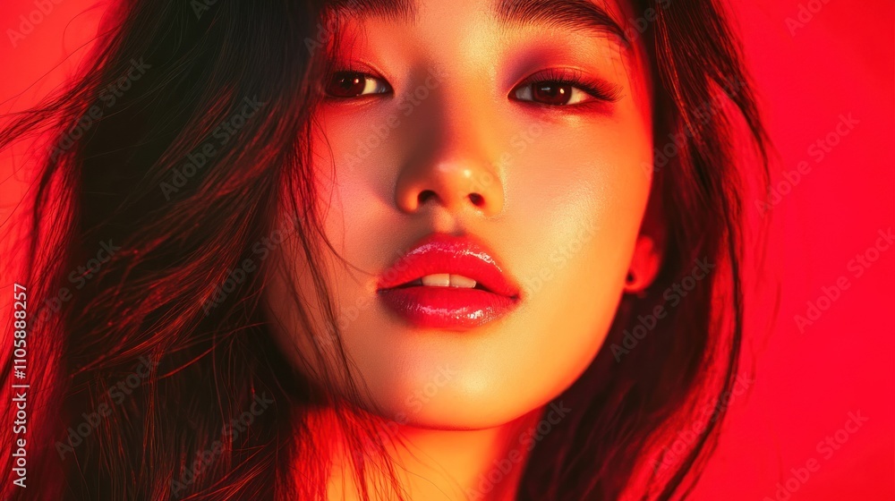 Red Light Portrait Of A Woman With Long Dark Hair Red Light Portrait Of A Woman With Long Dark Hair