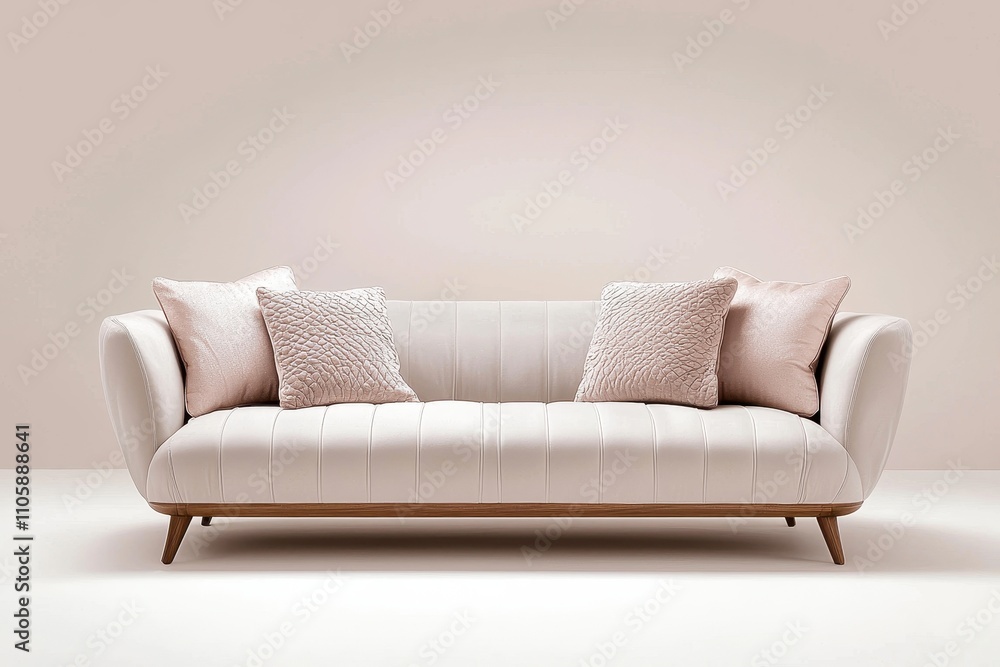 A modern, stylish sofa with soft cushions on a neutral background.