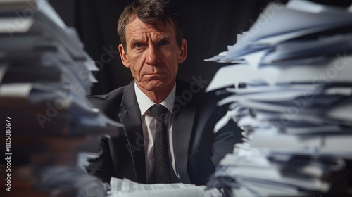 Business middle-aged man in suit exhausted around chaotic and disorganized stacks of paper, overwhelmed and stress. Challenges of organization, workload efficient task management photo