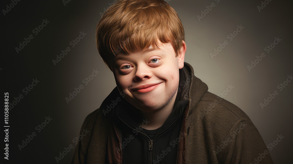 Portrait of smiling laughing teenager guy with Down syndrome gray background. Portrait of smiling laughing teenager guy with Down syndrome gray background.