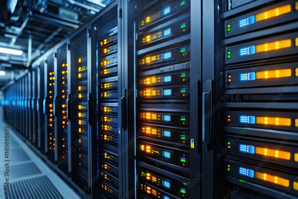 Modern Data Center with Server Racks and Flashing LED Lights Modern Data Center with Server Racks and Flashing LED Lights