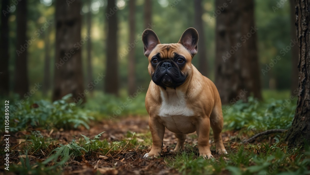 Cute French Bulldog in a forest clearing.