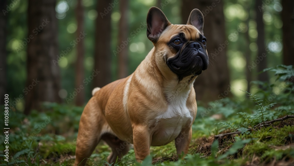 Cute French Bulldog in a forest clearing. Cute French Bulldog in a forest clearing.