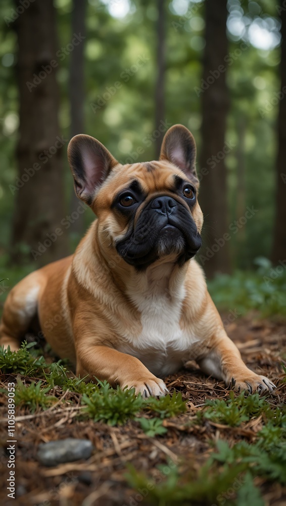 Cute French Bulldog relaxing in a forest setting. Cute French Bulldog relaxing in a forest setting.