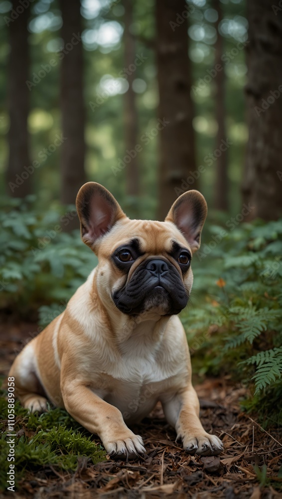 Fototapeta premium Cute French Bulldog relaxing in a forest setting.
