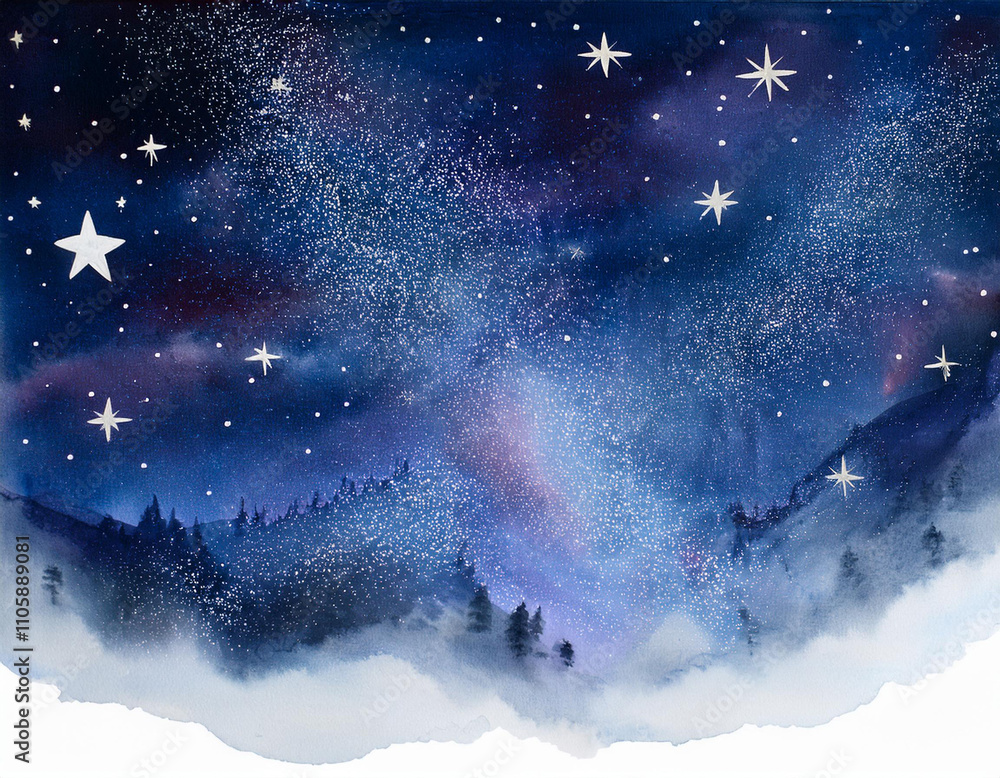 Fototapeta premium Watercolor Night Sky Vector Illustration. Vast night sky overflowing with stars