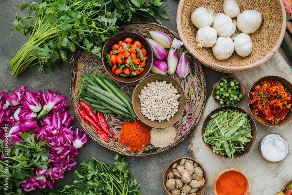 Fresh Organic Vegetables and Herbs on Rustic Table Top Arrangement Fresh Organic Vegetables and Herbs on Rustic Table Top Arrangement
