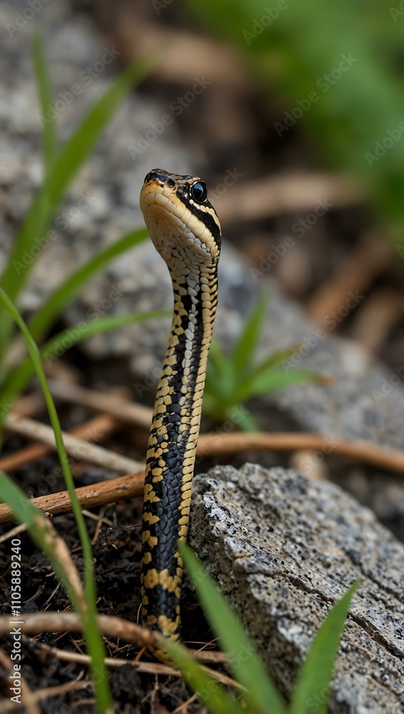 Fototapeta premium Cute garter snake in Benezette, PA backyard.