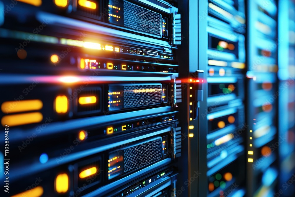 Naklejka premium Modern Data Center with Rows of High-Tech Server Racks Illuminated