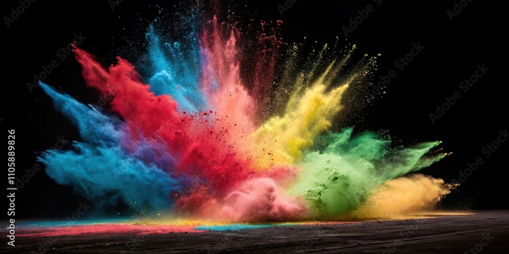 Naklejka premium A vibrant explosion of multicolored powder, a dynamic burst of color against a dark background, showcasing a spectrum of hues in a captivating display.