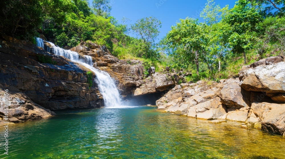 Serene Waterfall Cascading Into Tranquil Natural Pool Surrounded by Greenery Serene Waterfall Cascading Into Tranquil Natural Pool Surrounded by Greenery