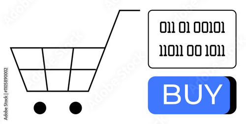 Shopping cart, binary code on two lines, and blue buy button. Ideal for online shopping, ecommerce, technology, digital transactions, cybersecurity, retail marketing, and internet services. Line