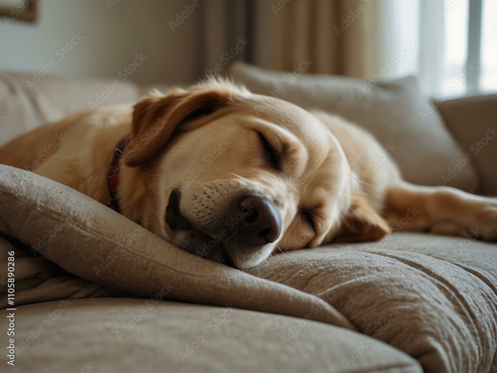 Obraz premium Cute Labrador sleeping on the sofa.