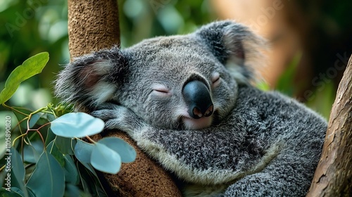 Adorable Koala Embracing Eucalyptus Tree with Serene Expression in Natural Setting photo