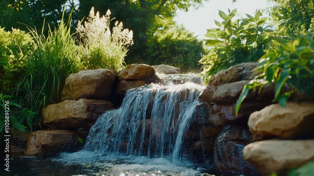 Naklejka premium Serene Natural Waterfall with Lush Greenery and Sunlit Reflection
