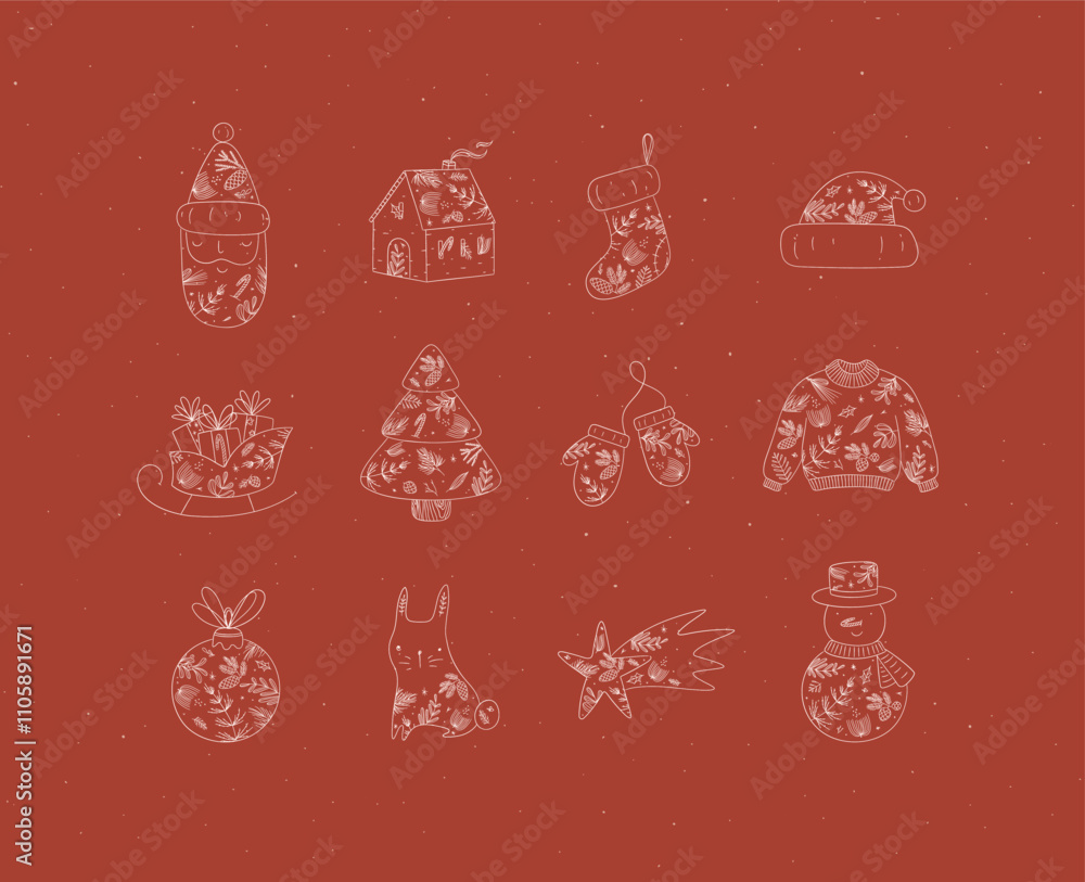 Christmas symbol collection with santa, house, sock, hat, sleigh, gifts, tree, gloves, sweater, tree toy, rabbit, star, snowman drawing in floral art style on red background