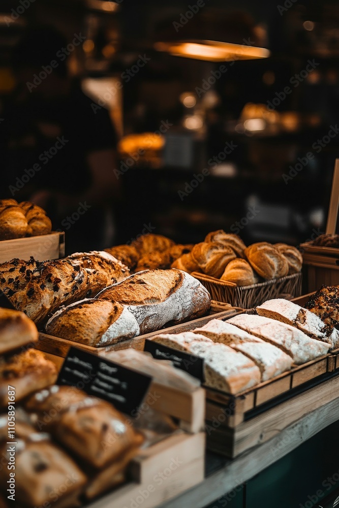 Freshly Baked Breads and Pastries Displayed in Artisan Bakery with Warm Lighting and Rustic Wooden Baskets Capturing the Essence of Culinary Delights Freshly Baked Breads and Pastries Displayed in Artisan Bakery with Warm Lighting and Rustic Wooden Baskets Capturing the Essence of Culinary Delights