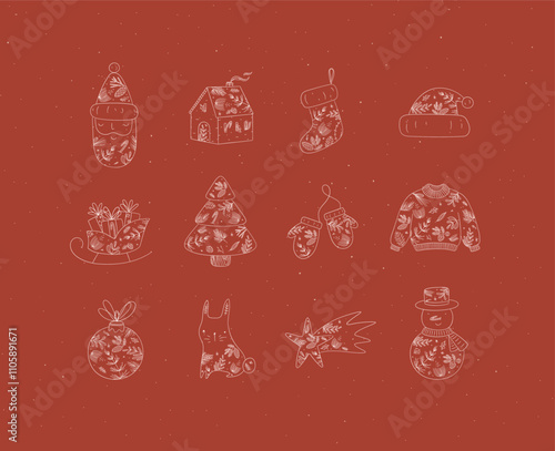 Obraz na płótnie Christmas symbol collection with santa, house, sock, hat, sleigh, gifts, tree, gloves, sweater, tree toy, rabbit, star, snowman drawing in floral art style on red background w salonie