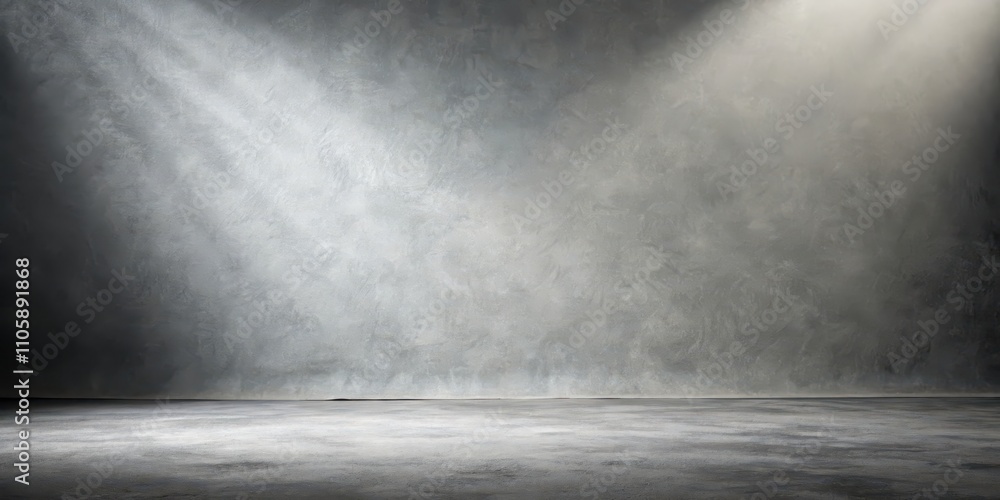 Empty room with gray textured wall and floor illuminated by soft light beams Empty room with gray textured wall and floor illuminated by soft light beams