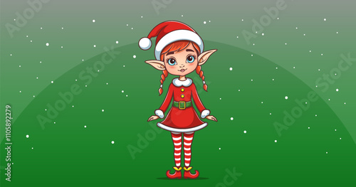 Vector cartoon cute beautiful nice festive girl elf in red cap, dress, shoes and with pigtails. Helper of Santa Claus. Merry Christmas and Happy New Year. Green background.