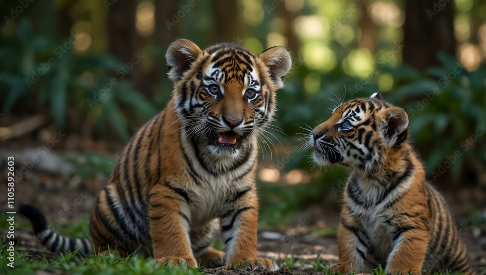 Obraz premium Cute Sumatran tiger cubs playing near their mother in the wild.