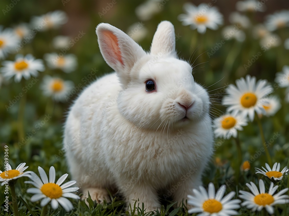 Cute white bunny in a field of daisies. Cute white bunny in a field of daisies.