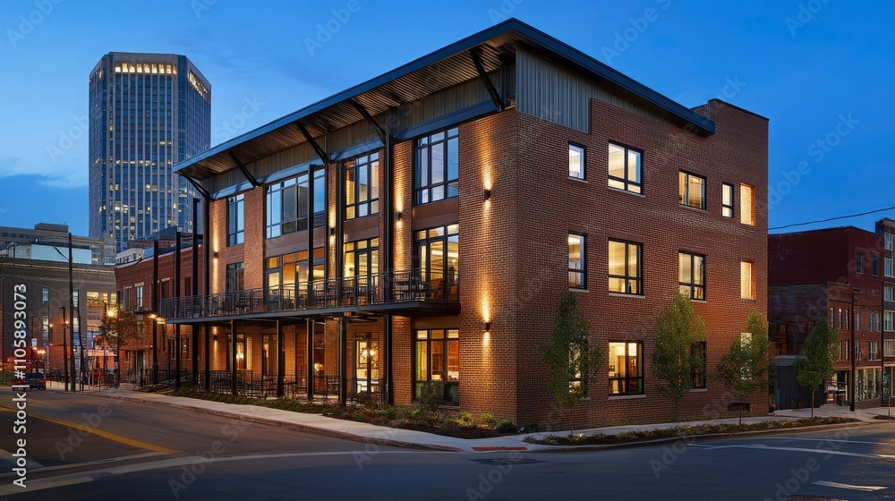 Modern brick building at dusk showcasing contemporary architecture with urban surroundings, elegant lighting, and reflecting glass, highlighting a vibrant city atmosphere Modern brick building at dusk showcasing contemporary architecture with urban surroundings, elegant lighting, and reflecting glass, highlighting a vibrant city atmosphere