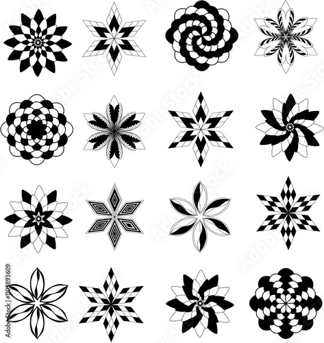 set of black and white floral designs and flowers