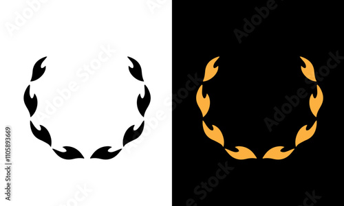 Golden and black laurel silhoutte wreath vector. Trophy, award, champion, competition concept badge, golden branch with leaves. Black circular foliate laurels with stars icon vector