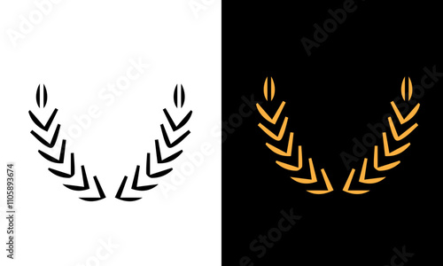 Golden and black laurel silhoutte wreath vector. Trophy, award, champion, competition concept badge, golden branch with leaves. Black circular foliate laurels with stars icon vector