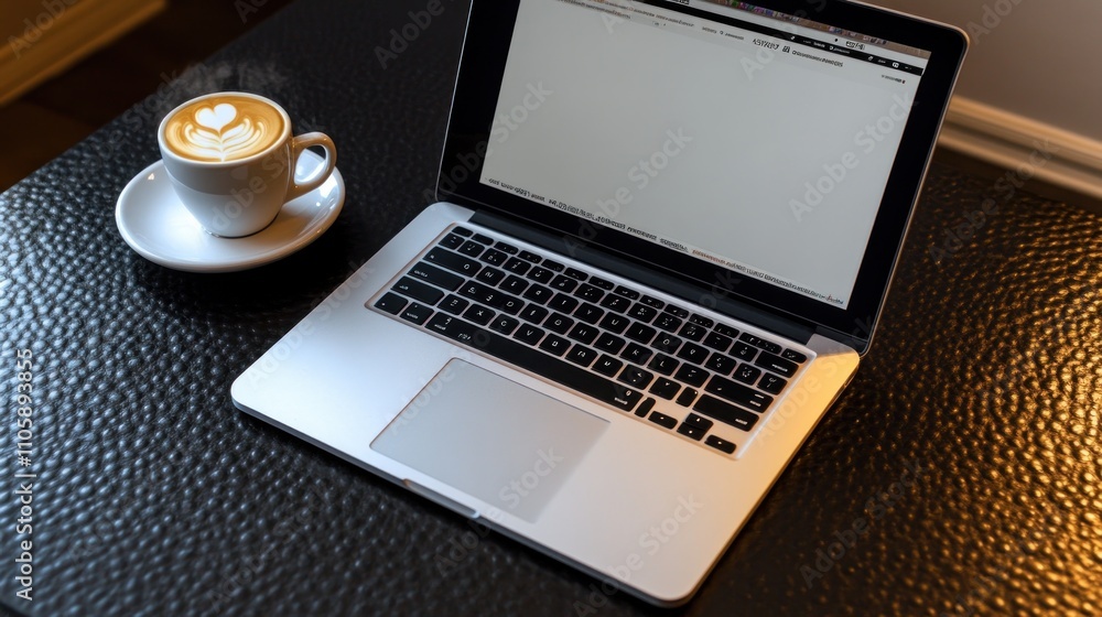 Laptop and Latte Art Coffee on Dark Table Laptop and Latte Art Coffee on Dark Table