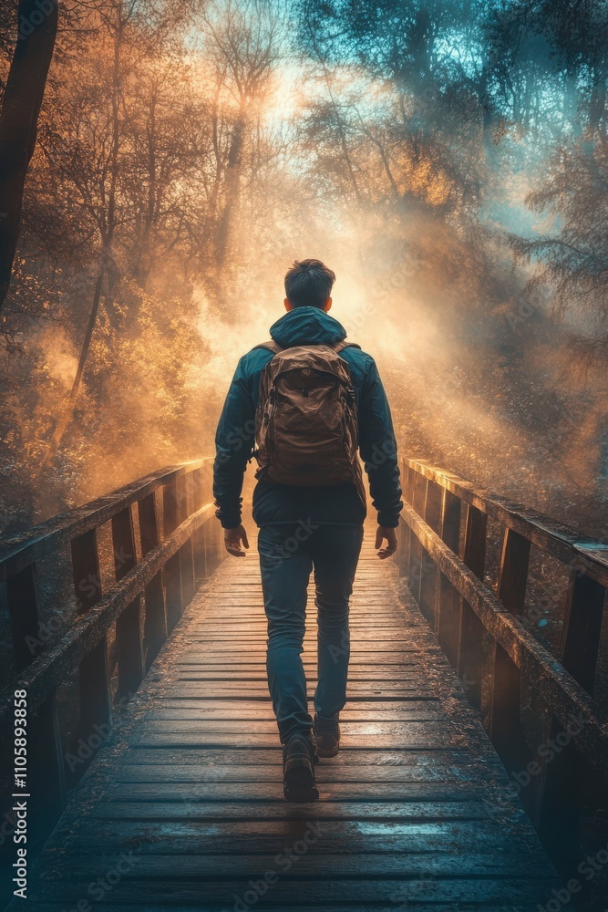 Fototapeta premium Man Walking on Wooden Bridge in a Misty Forest Surrounded by Glowing Trees and Ethereal Fog, Creating a Mystical Atmosphere of Adventure and Exploration