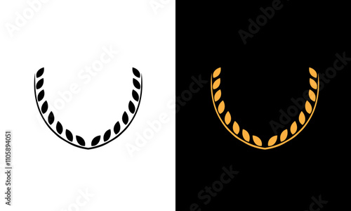Golden and black laurel silhoutte wreath vector. Trophy, award, champion, competition concept badge, golden branch with leaves. Black circular foliate laurels with stars icon vector