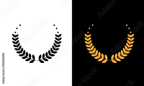 Golden and black laurel silhoutte wreath vector. Trophy, award, champion, competition concept badge, golden branch with leaves. Black circular foliate laurels with stars icon vector