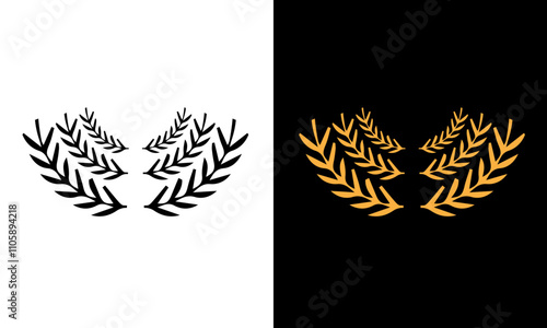 Golden and black laurel silhoutte wreath vector. Trophy, award, champion, competition concept badge, golden branch with leaves. Black circular foliate laurels with stars icon vector