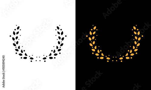 Golden and black laurel silhoutte wreath vector. Trophy, award, champion, competition concept badge, golden branch with leaves. Black circular foliate laurels with stars icon vector