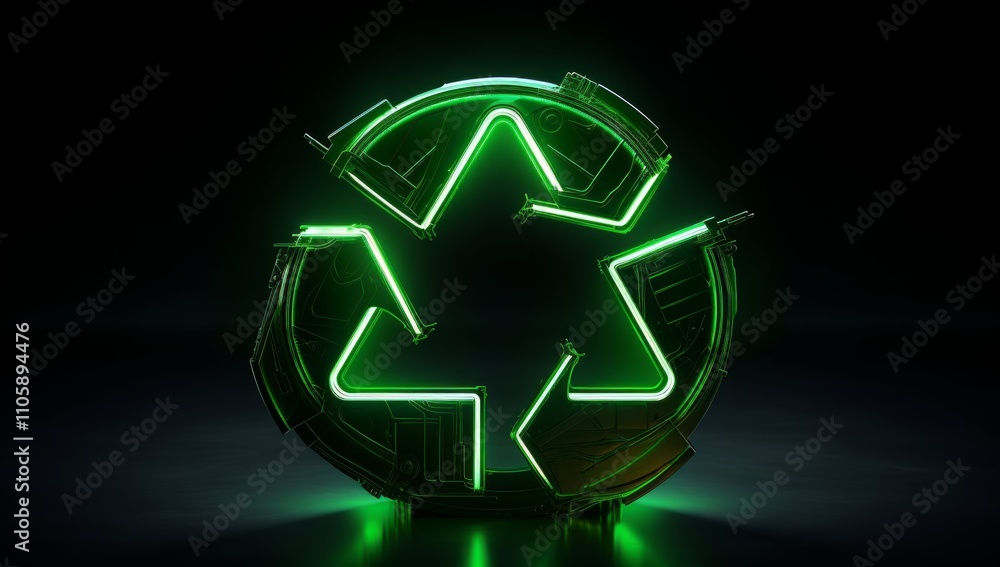 Green Glowing Recycling Symbol in Technopunk Style Green Glowing Recycling Symbol in Technopunk Style