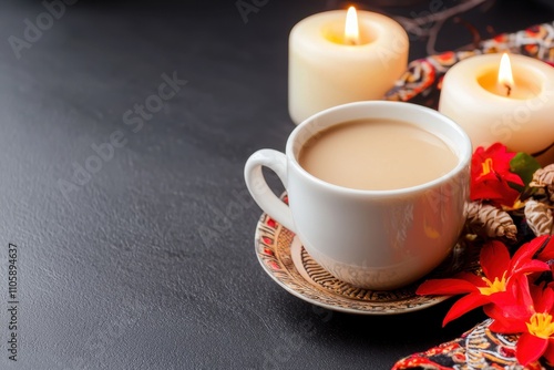 Warm Cup of Coffee with Candles and Flowers on Dark Background