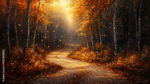 Magical Autumn Path Through a Golden Forest With Sunlight Filtering Through